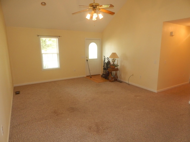 1876 Fall River Rd, Lawrenceburg, TN 38464 - foyer featuring carpet flooring, lofted ceiling, ceiling fan, and baseboards