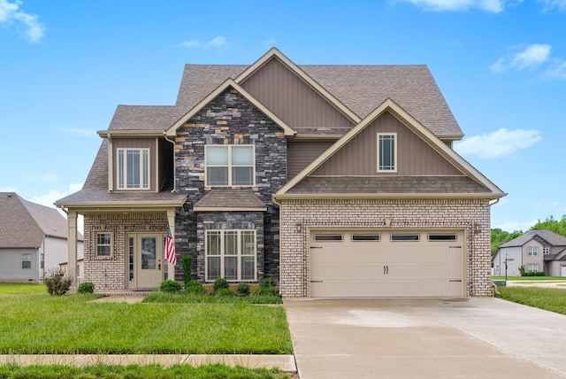 craftsman-style home with a shingled roof, board and batten siding, driveway, and stone siding