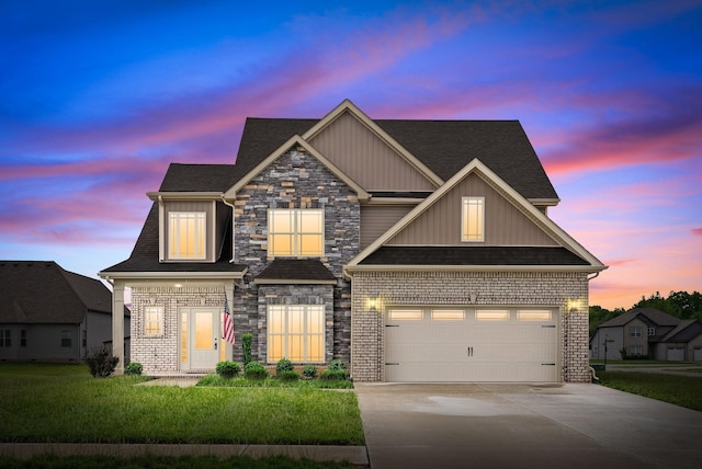 craftsman house featuring stone siding, a garage, board and batten siding, brick siding, and driveway