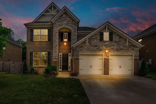 view of front of property with concrete driveway, an attached garage, stone siding, and brick siding