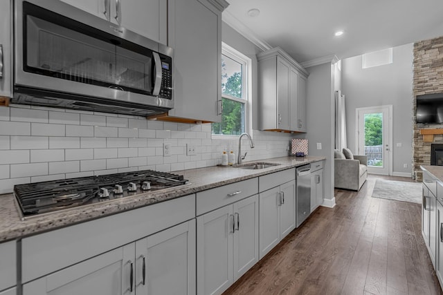 kitchen featuring appliances with stainless steel finishes, a sink, open floor plan, dark wood-style floors, and healthy amount of natural light