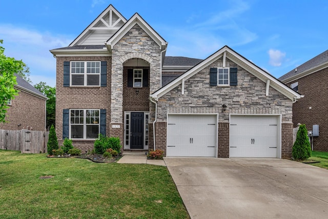 view of front of home featuring driveway, stone siding, brick siding, and an attached garage