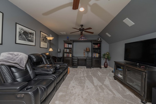 living room with a ceiling fan, carpet flooring, lofted ceiling, and baseboards