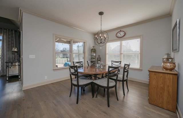 dining space with a chandelier, crown molding, dark wood-style floors, and baseboards