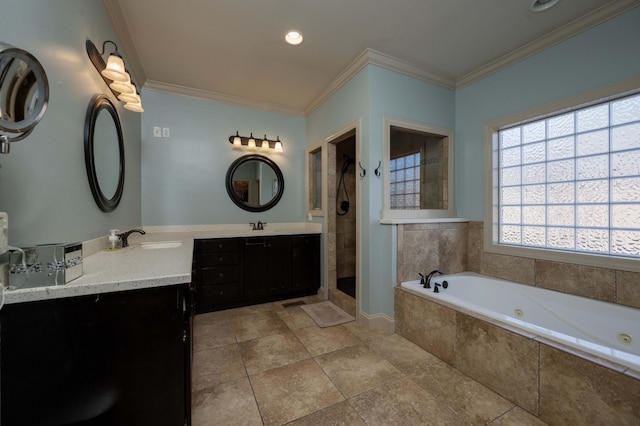 bathroom featuring ornamental molding, a tub with jets, a tile shower, and vanity