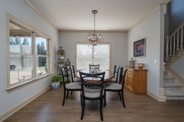 dining area featuring stairs, a chandelier, dark wood-style flooring, baseboards, and crown molding