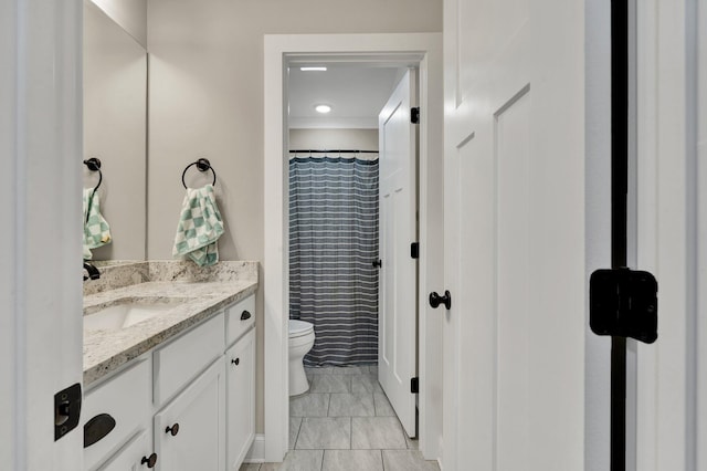 bathroom featuring toilet, vanity, marble finish flooring, and a shower with curtain