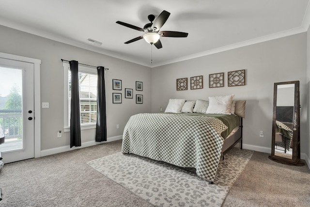 bedroom with carpet, ornamental molding, baseboards, a ceiling fan, and access to outside