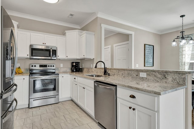 kitchen featuring stainless steel appliances, a sink, a peninsula, white cabinetry, and crown molding