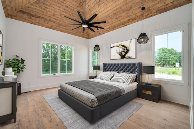 bedroom with baseboards, light wood finished floors, vaulted ceiling, and wood ceiling