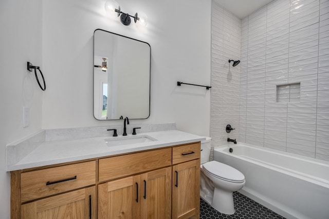 bathroom with toilet, vanity, bathtub / shower combination, and tile patterned floors