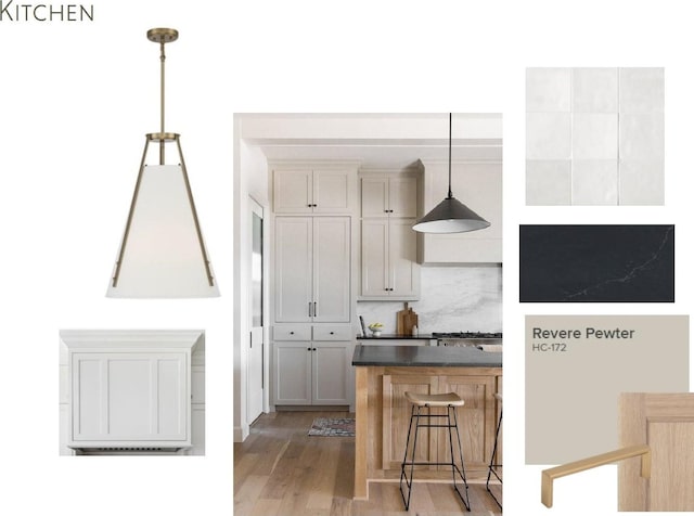 kitchen featuring decorative backsplash, a kitchen breakfast bar, dark countertops, light wood finished floors, and pendant lighting