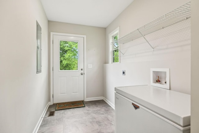 clothes washing area with hookup for a washing machine, hookup for an electric dryer, baseboards, and electric panel