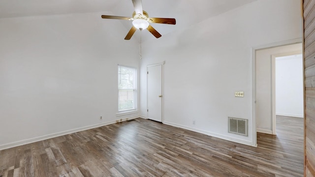 5900 New Hope Ct, Hermitage, TN 37076 - unfurnished room featuring high vaulted ceiling, wood finished floors, a ceiling fan, and baseboards