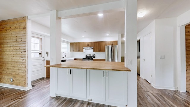 5900 New Hope Ct, Hermitage, TN 37076 - kitchen featuring appliances with stainless steel finishes, butcher block counters, dark wood finished floors, under cabinet range hood, and recessed lighting