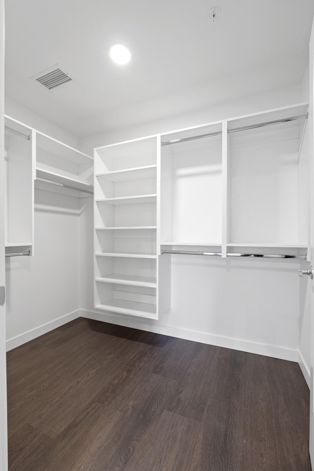 walk in closet with dark wood-style floors