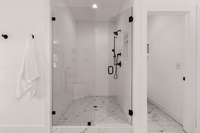 5615 Tennessee Ave Unit A, Nashville, TN 37209 - full bath featuring marble look tiles, baseboards, a shower stall, and recessed lighting