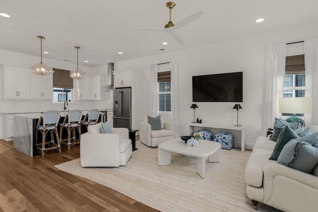 5615 Tennessee Ave Unit A, Nashville, TN 37209 - living room with wood finished floors, a ceiling fan, recessed lighting, and a chandelier