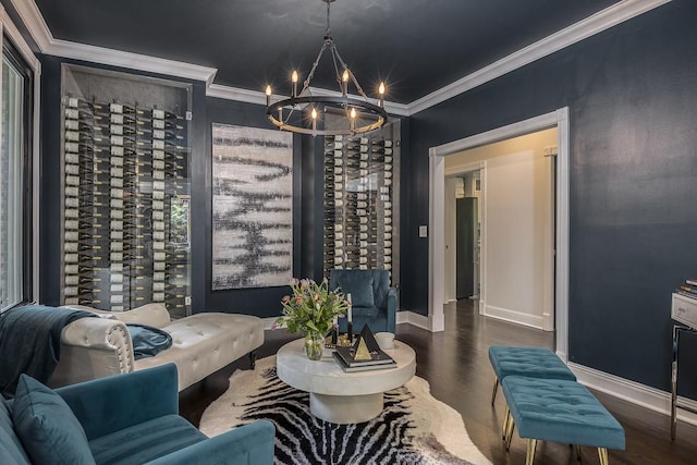 716 Split Rail Dr, Brentwood, TN 37027 - wine room featuring a chandelier, baseboards, wood finished floors, and crown molding