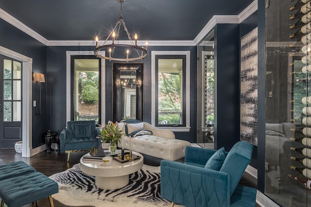 716 Split Rail Dr, Brentwood, TN 37027 - living room featuring baseboards, a chandelier, wood finished floors, and crown molding