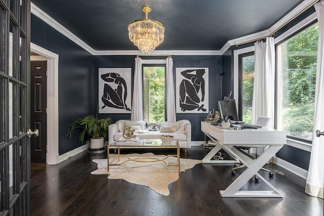 716 Split Rail Dr, Brentwood, TN 37027 - sitting room with baseboards, a desk, a chandelier, crown molding, and wood finished floors