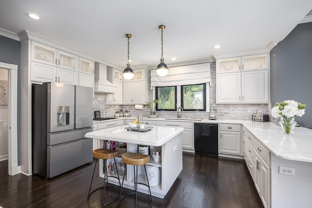 716 Split Rail Dr, Brentwood, TN 37027 - kitchen featuring stainless steel fridge, black dishwasher, wall chimney exhaust hood, a sink, and decorative backsplash