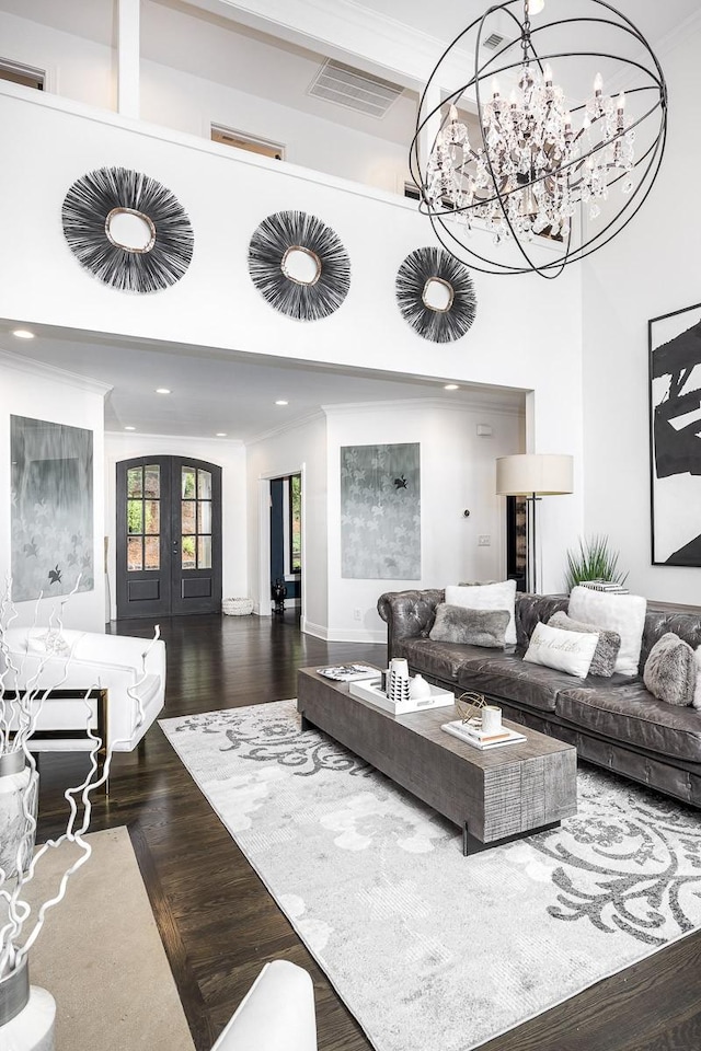 716 Split Rail Dr, Brentwood, TN 37027 - living area with wood finished floors, a chandelier, recessed lighting, french doors, and a high ceiling