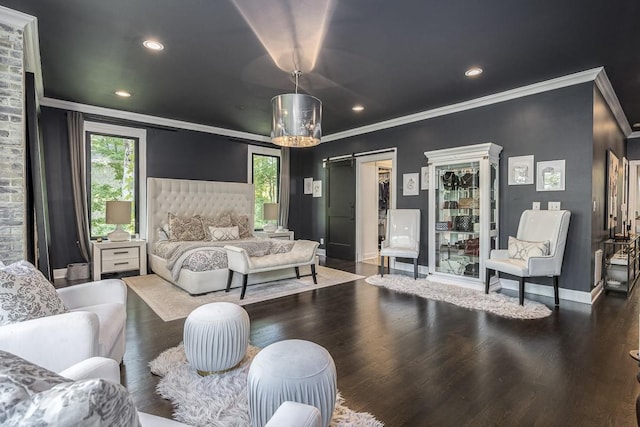 716 Split Rail Dr, Brentwood, TN 37027 - bedroom with a barn door, wood finished floors, crown molding, recessed lighting, and baseboards