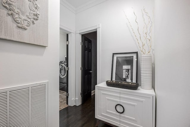 716 Split Rail Dr, Brentwood, TN 37027 - hall featuring crown molding, dark wood finished floors, and washer / clothes dryer