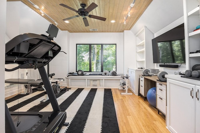 716 Split Rail Dr, Brentwood, TN 37027 - workout area with wooden ceiling, light wood-style flooring, ceiling fan, and recessed lighting