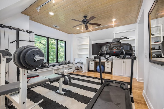 716 Split Rail Dr, Brentwood, TN 37027 - exercise room with wooden ceiling, light wood-style flooring, a ceiling fan, recessed lighting, and baseboards