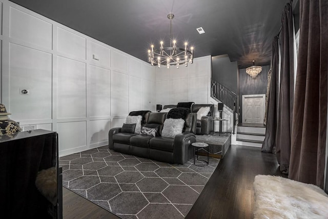 716 Split Rail Dr, Brentwood, TN 37027 - living room featuring a chandelier, dark wood-style flooring, stairs, and a decorative wall