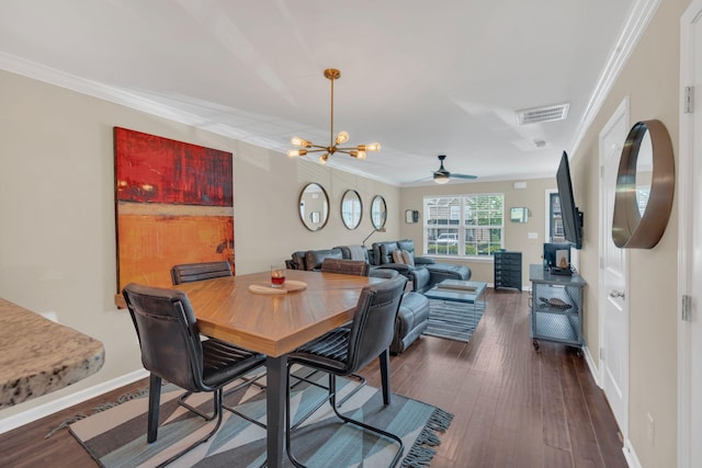 127 Cobblestone Place Dr, Goodlettsville, TN 37072 - dining space with crown molding, a chandelier, baseboards, dark wood-style floors, and ceiling fan