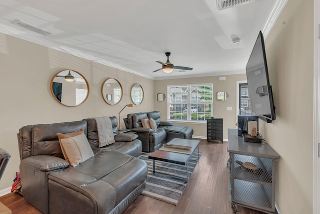 127 Cobblestone Place Dr, Goodlettsville, TN 37072 - living room with a ceiling fan, ornamental molding, wood finished floors, and baseboards