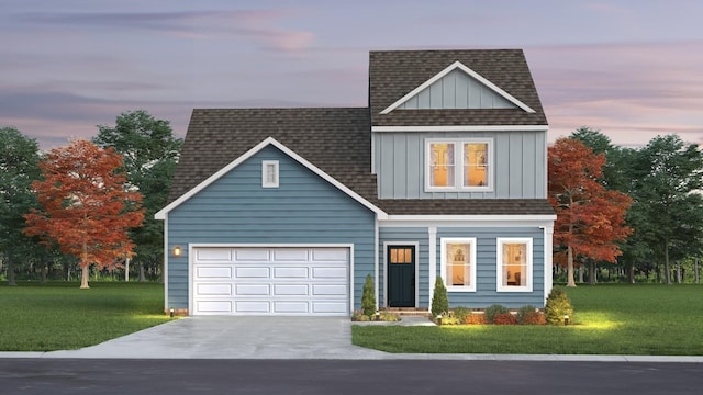 view of front of property with board and batten siding, a front lawn, concrete driveway, and roof with shingles