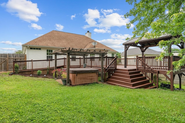 back of property with a hot tub, a gazebo, a pergola, a deck, and a chimney