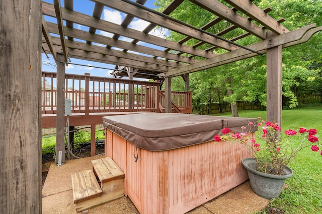 view of patio / terrace featuring a hot tub, a wooden deck, and a pergola