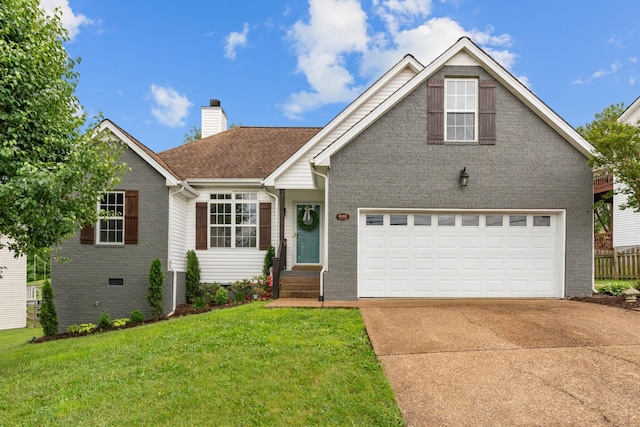 traditional-style house with a front lawn, a chimney, concrete driveway, brick siding, and an attached garage