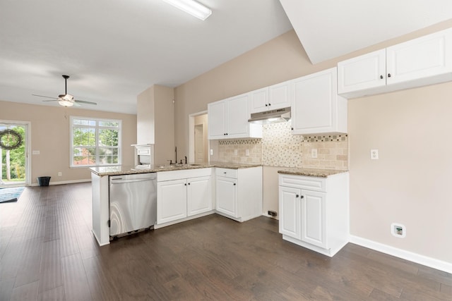 kitchen with stainless steel dishwasher, under cabinet range hood, ceiling fan, a peninsula, and light stone countertops