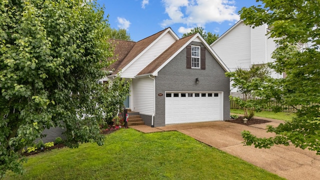 traditional home with a front yard, driveway, and roof with shingles