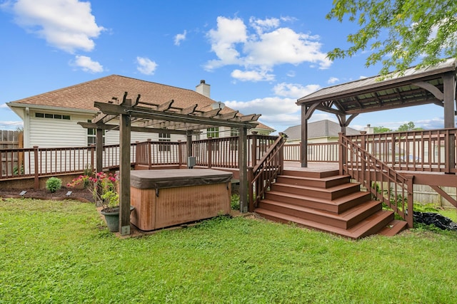 back of house with a hot tub, a pergola, a gazebo, a wooden deck, and roof with shingles