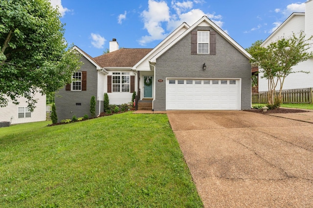 traditional-style house featuring concrete driveway, a garage, a chimney, brick siding, and central AC