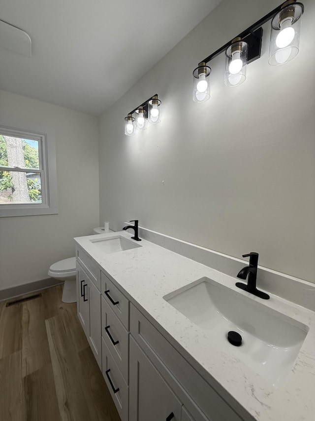305 Twelve Oaks Rd, Tullahoma, TN 37388 - bathroom featuring wood finished floors, toilet, double vanity, and baseboards