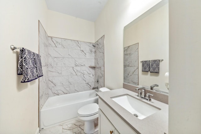 full bath featuring marble look tiles, toilet, vanity, and shower / bathtub combination