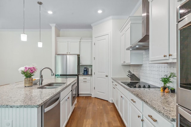 kitchen with appliances with stainless steel finishes, a sink, wall chimney exhaust hood, crown molding, and white cabinetry