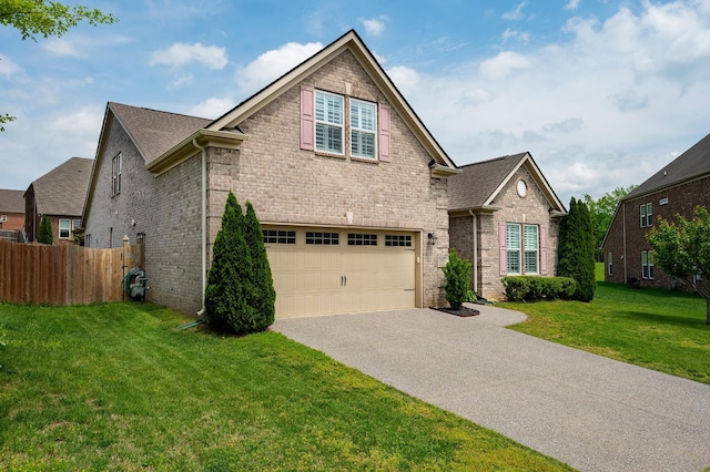 view of front facade with a garage, brick siding, concrete driveway, and roof with shingles