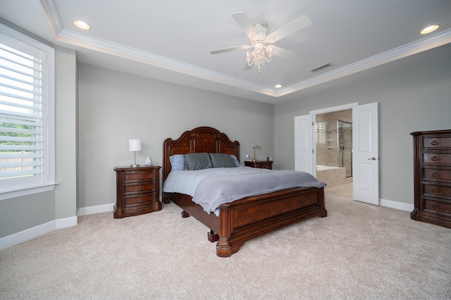 bedroom featuring carpet flooring, ornamental molding, a tray ceiling, baseboards, and recessed lighting