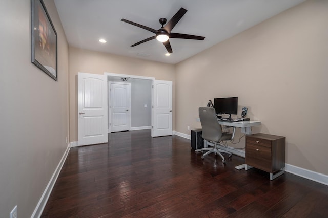 office space with ceiling fan, wood-type flooring, baseboards, and recessed lighting