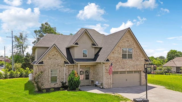 view of front of property featuring asphalt driveway, a garage, a front yard, brick siding, and a shingled roof