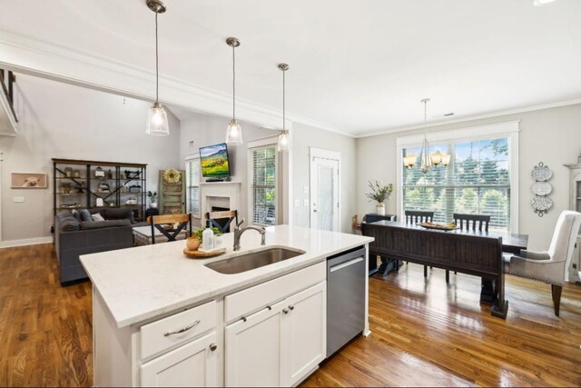 kitchen with dishwasher, a sink, a fireplace, dark wood finished floors, and healthy amount of natural light